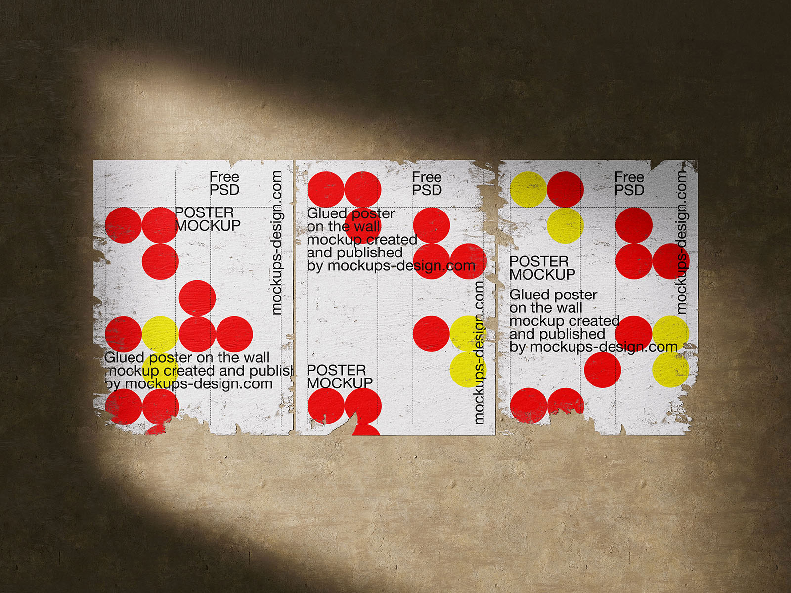 Free 3 Shots of Poster Mockup Glued to Wall PSD Template