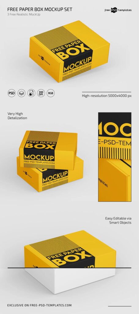 3 Shots of Rectangle Paper Box Mockup