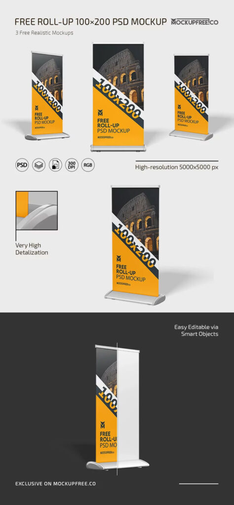 3 Shots of Roll Up Stand Mockup