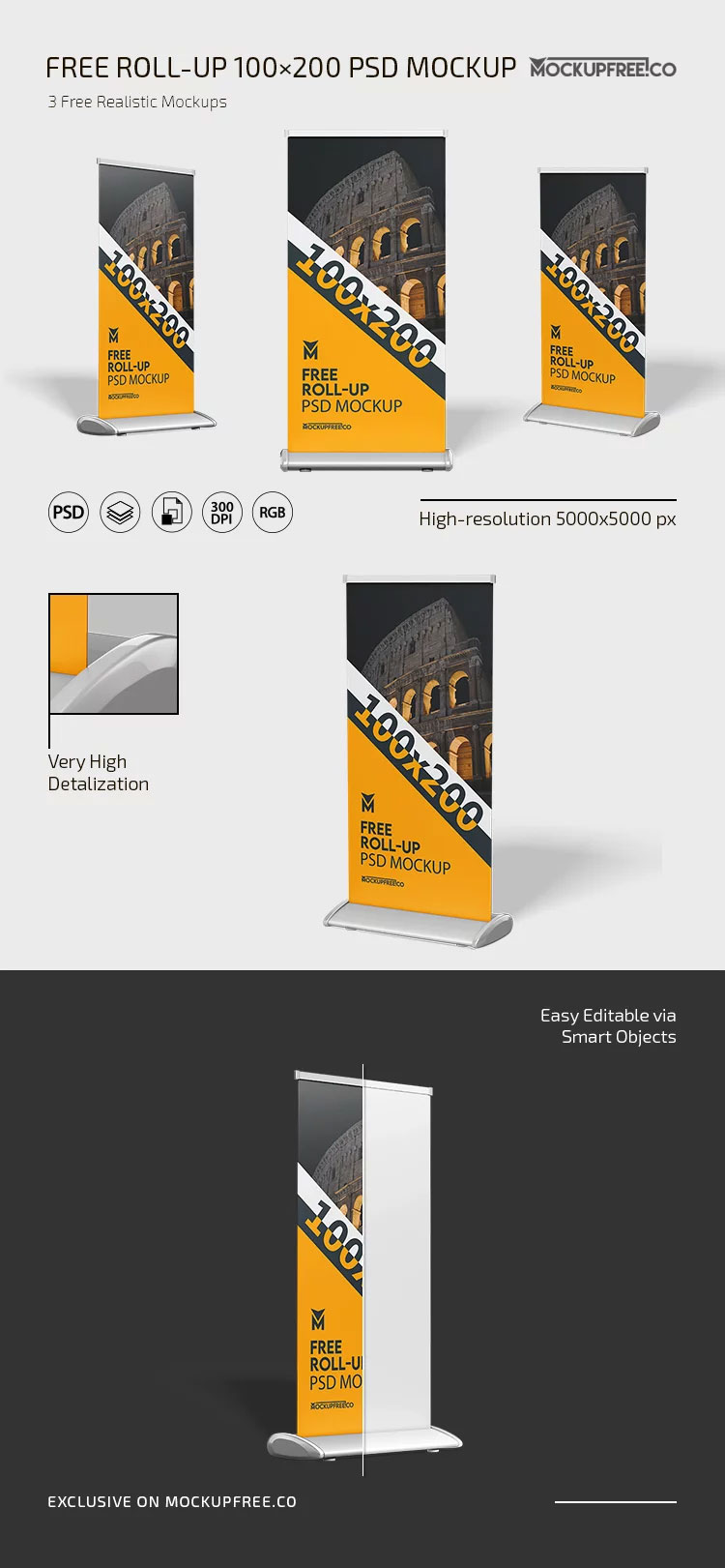 Free 3 Shots of Roll Up Stand Mockup PSD Template