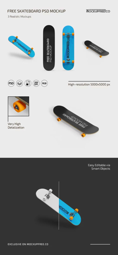 3 Shots of Skateboard Mockup mockup preview