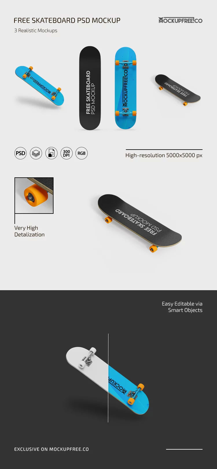 Free 3 Shots of Skateboard Mockup PSD Template