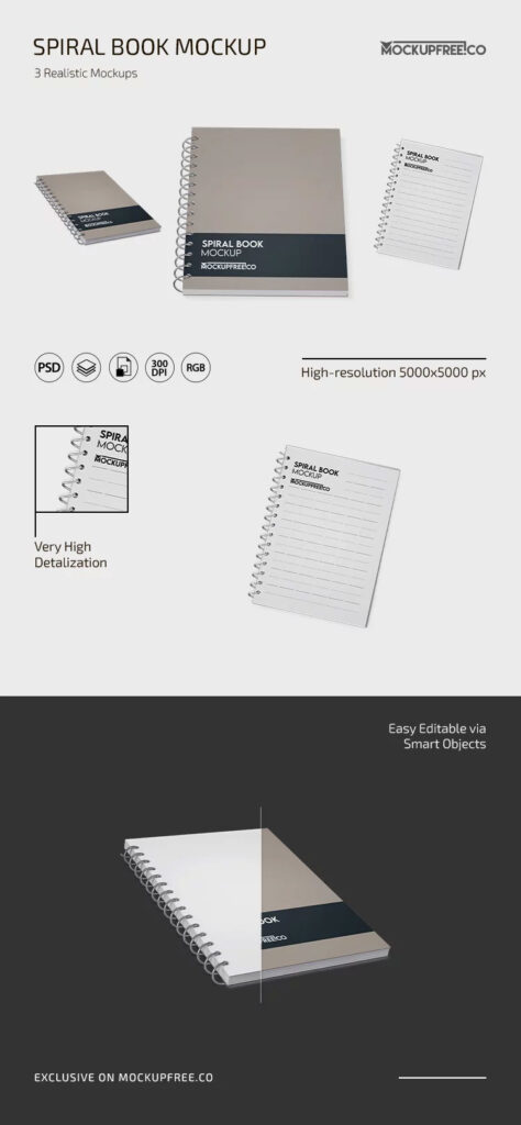3 Shots of Spiral Book Mockup mockup preview