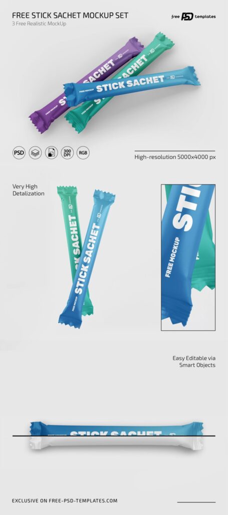 3 Shots of Stick Sachet Mockup