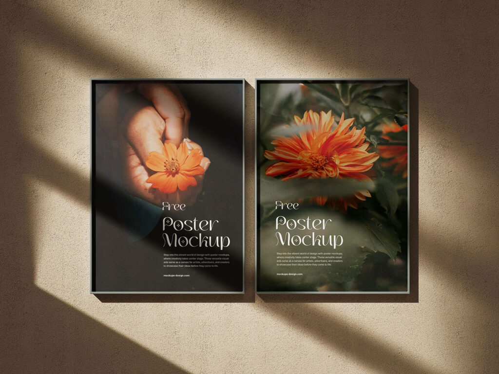 3 Shots of Thin Poster Frames Mockup on Wall with Shadows