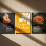 3 Shots of Thin Poster Frames Mockup on Wall with Shadows