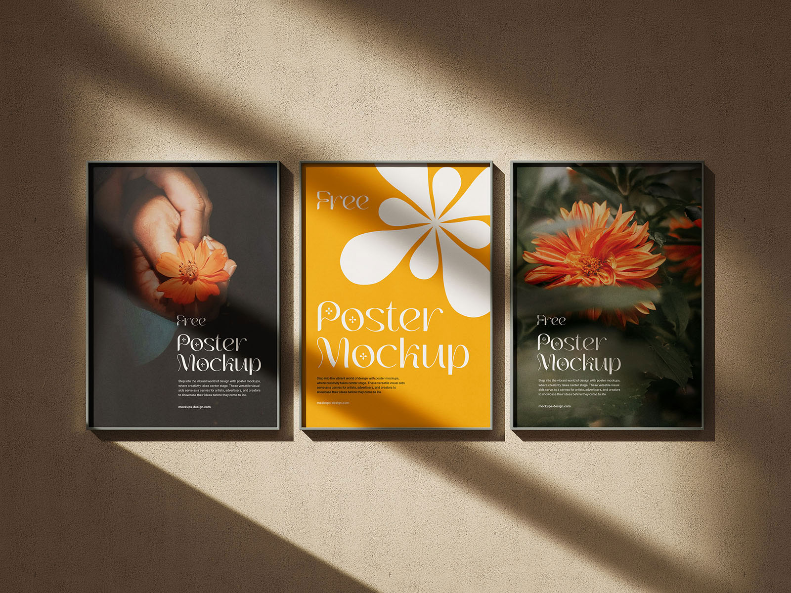 Free 3 Shots of Thin Poster Frames Mockup on Wall with Shadows PSD Template