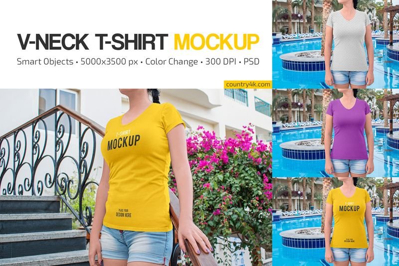 3 Shots of Women’s Slim Fit V Neck T-Shirt Mockup