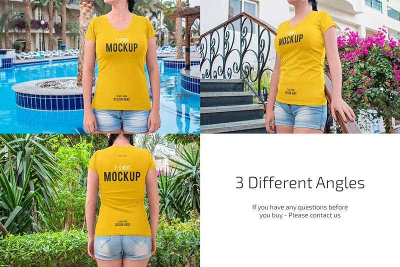 3 Shots of Women’s Slim Fit V Neck T-Shirt Mockup