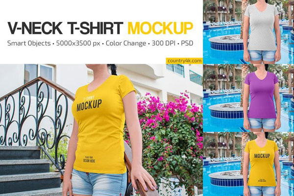 3 Shots of Women’s Slim Fit V Neck T-Shirt Mockup