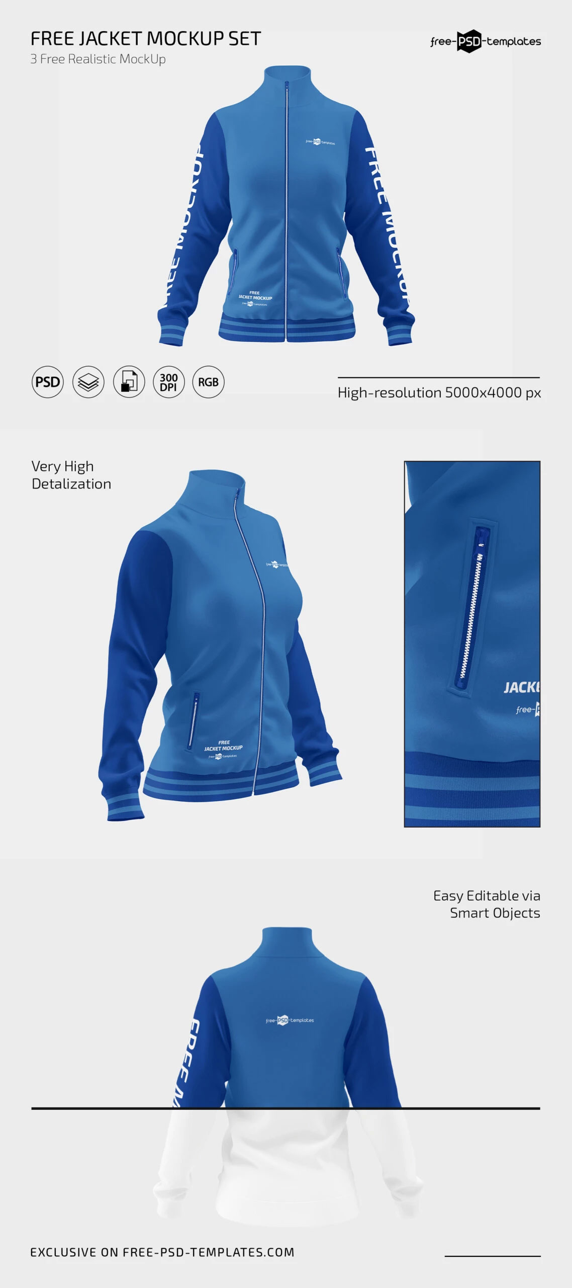 Free 3 Shots of Women’s Sports Jacket Mockup PSD Template