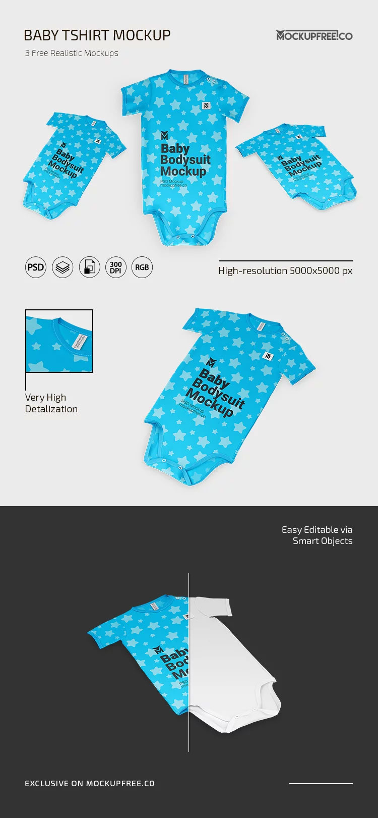 Free 3 Showcases of Baby Bodysuit Mockup PSD Template