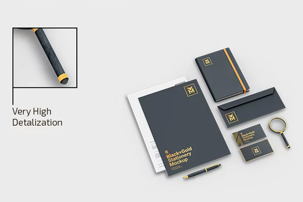 3 Showcases of Black Gold Stationery Mockup