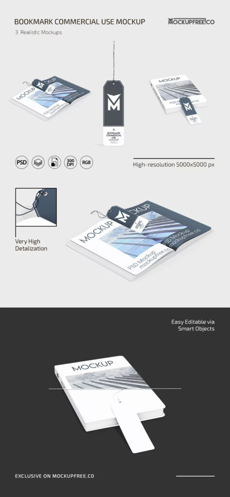 3 Showcases of Bookmark Mockup with Hardcover Book