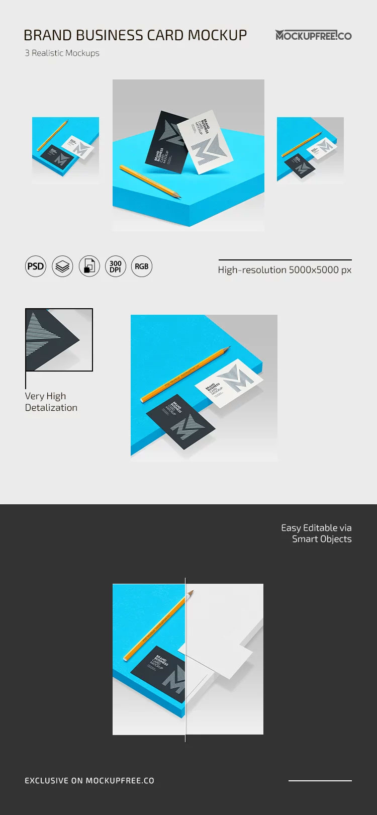 Free 3 Showcases of Brand Business Card Mockup PSD Template