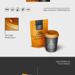 3 Showcases of Coffee Bag Mockup with Cup
