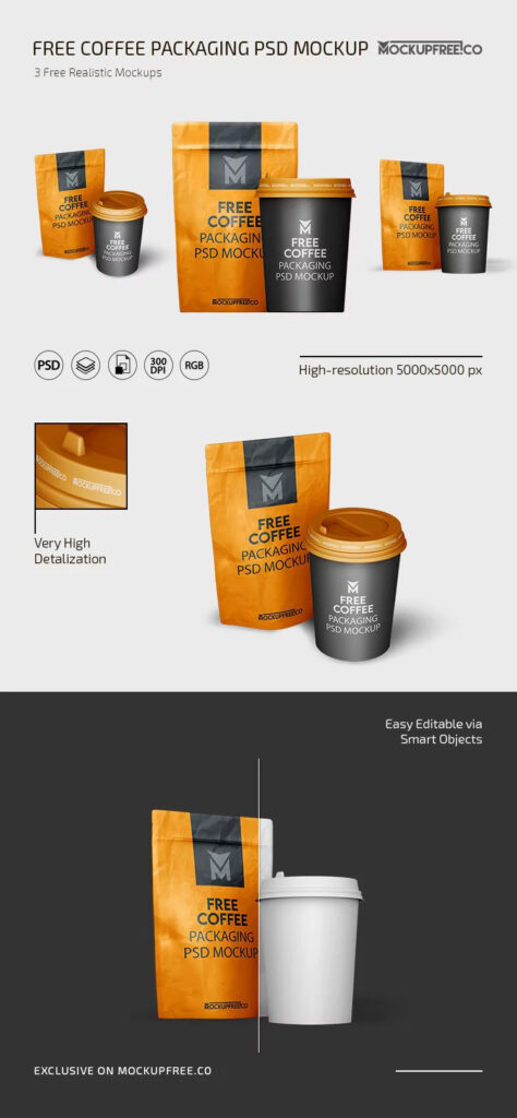 3 Showcases of Coffee Bag Mockup with Cup