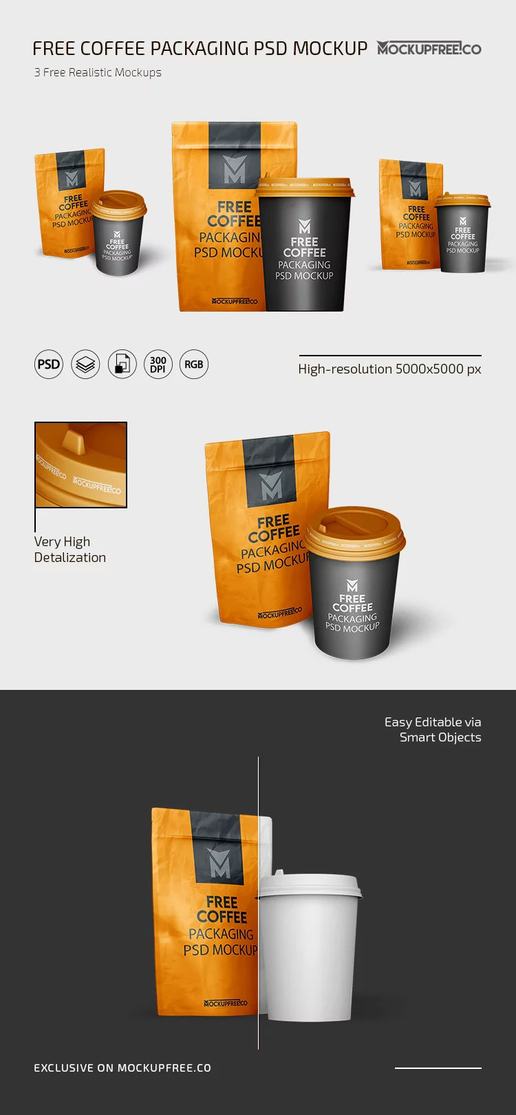 Free 3 Showcases of Coffee Bag Mockup with Cup PSD Template