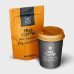 3 Showcases of Coffee Bag Mockup with Cup