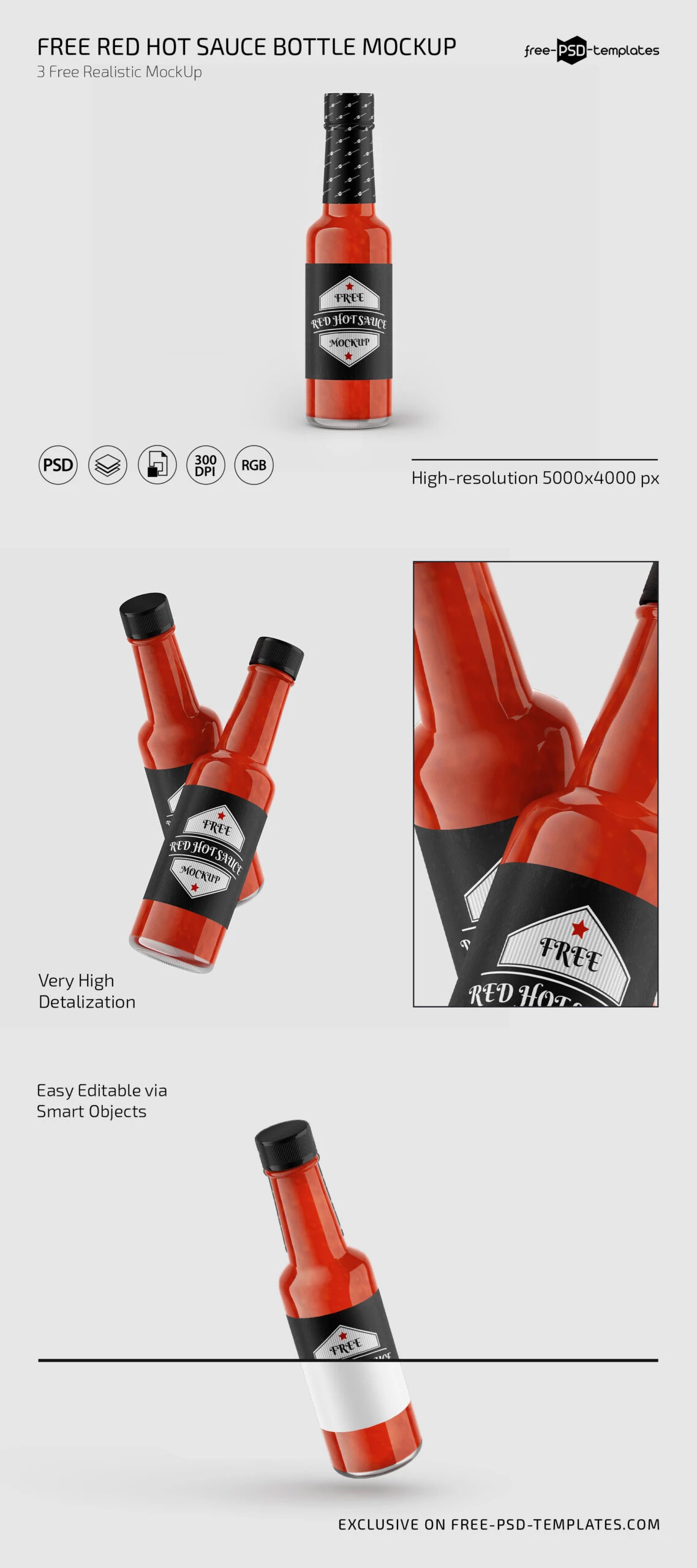 Free 3 Showcases of Cylindrical Red Hot Sauce Bottle Mockup PSD Template