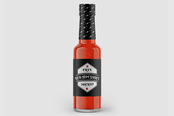 3 Showcases of Cylindrical Red Hot Sauce Bottle Mockup