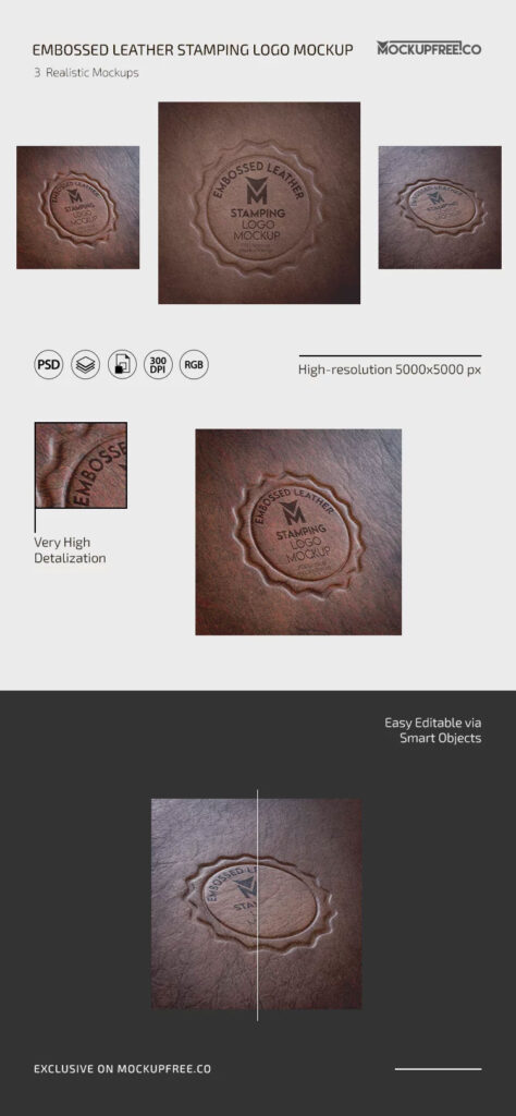 3 Showcases of Embossed Leather Stamping Logo Mockup