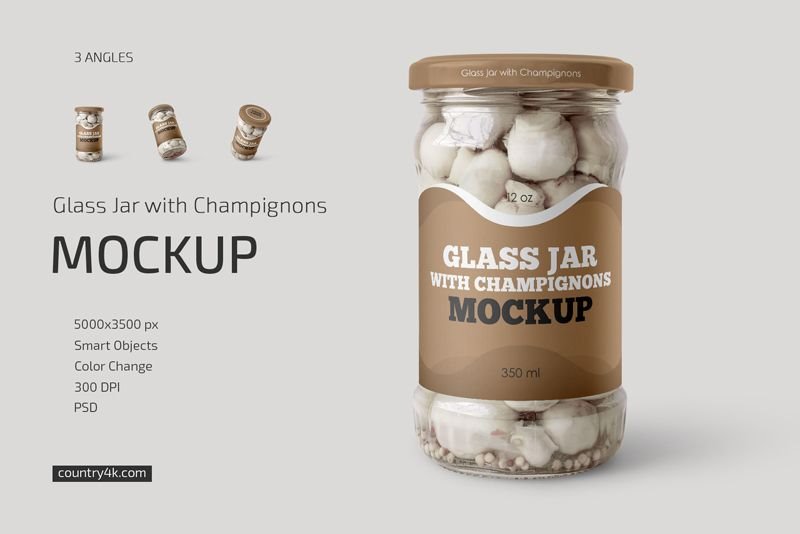 3 Showcases of Glass Jar Mockup with Champignons