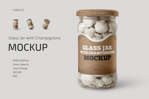 3 Showcases of Glass Jar Mockup with Champignons