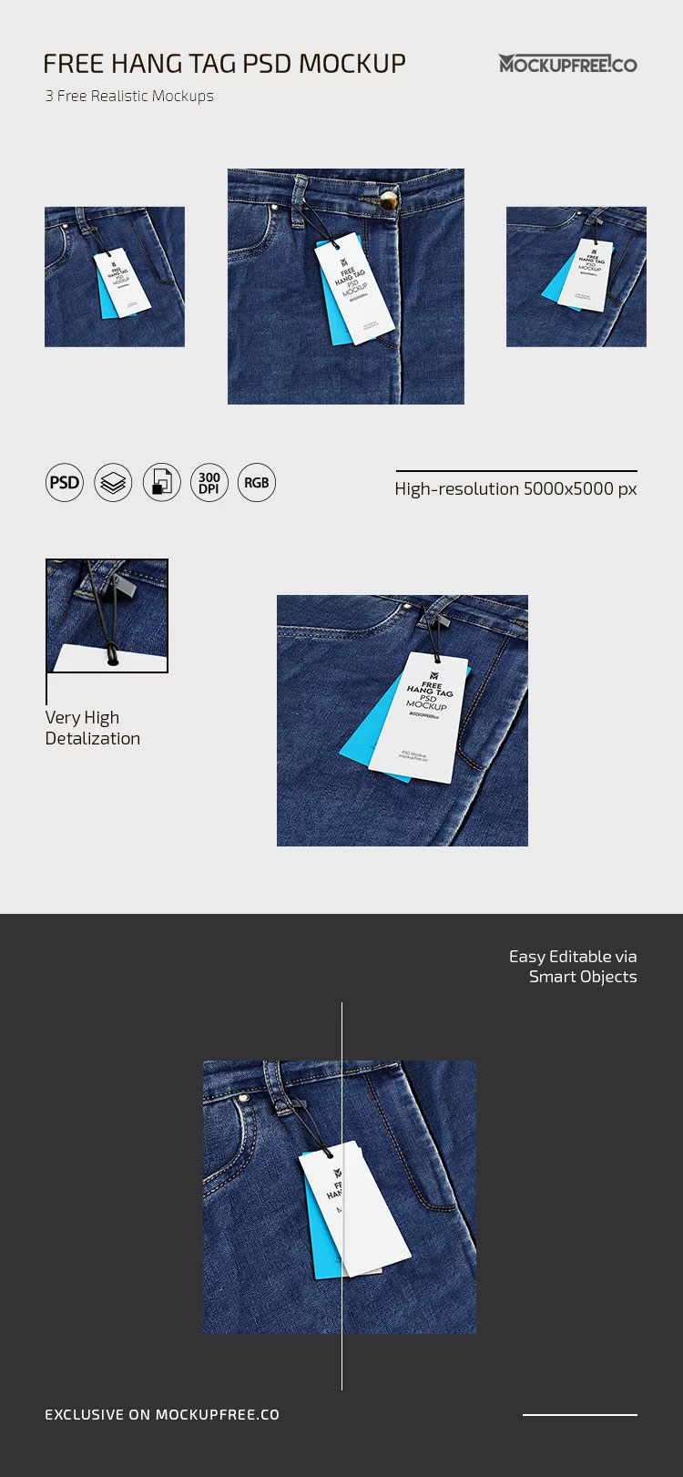 Free 3 Showcases of Hang Tag Mockup PSD Template