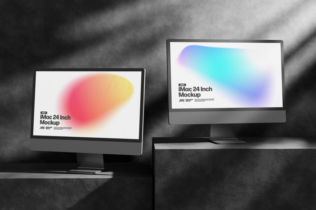 3 Showcases of iMac Mockup with Shadows mockup preview