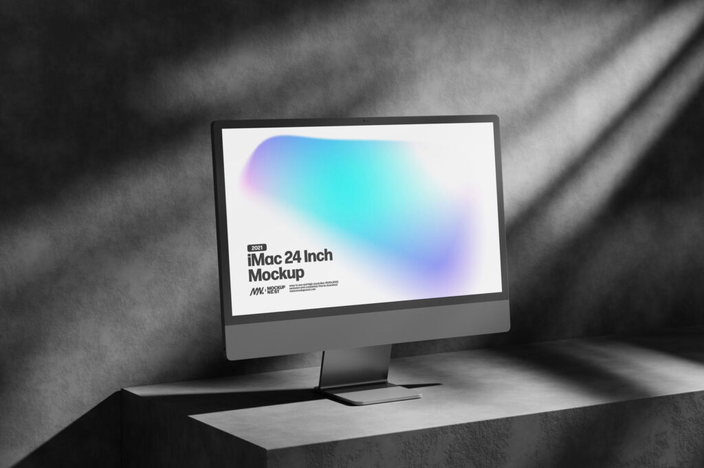 3 Showcases of iMac Mockup with Shadows mockup preview