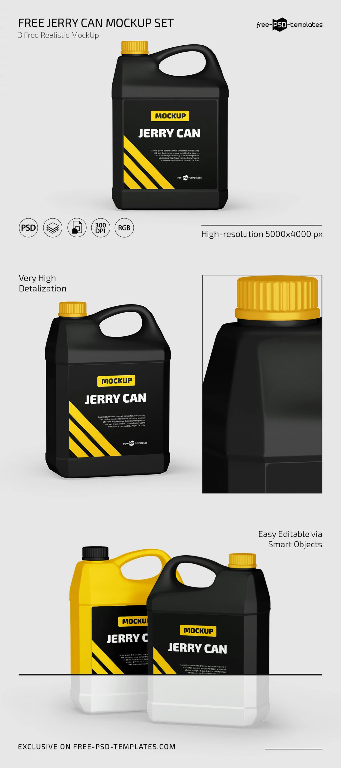Free 3 Showcases of Jerry Can Mockup PSD Template