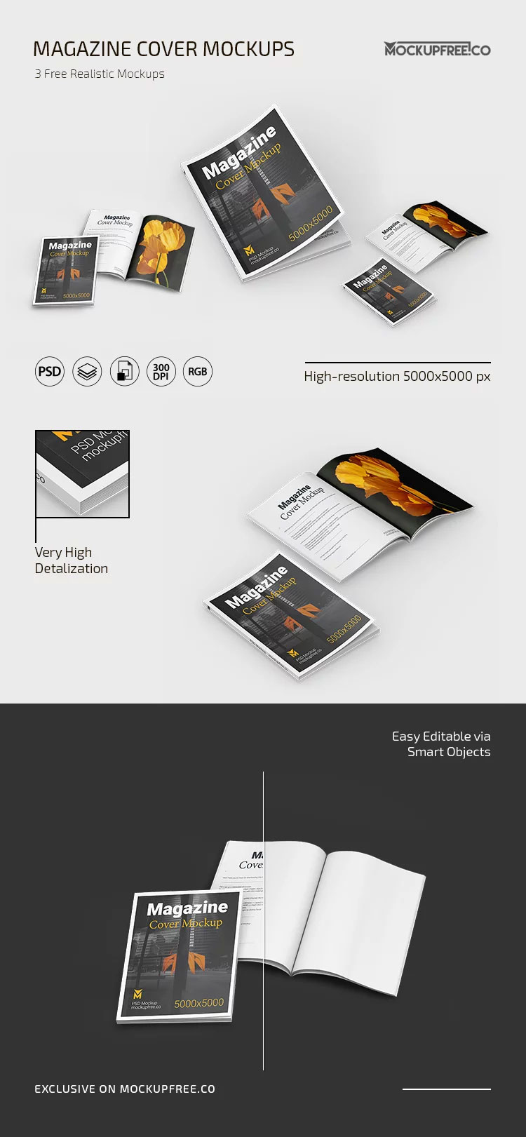 Free 3 Showcases of Magazine Cover Mockup PSD Template