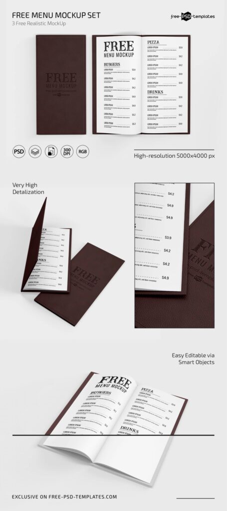 3 Showcases of Menu Mockup with Leather Cover
