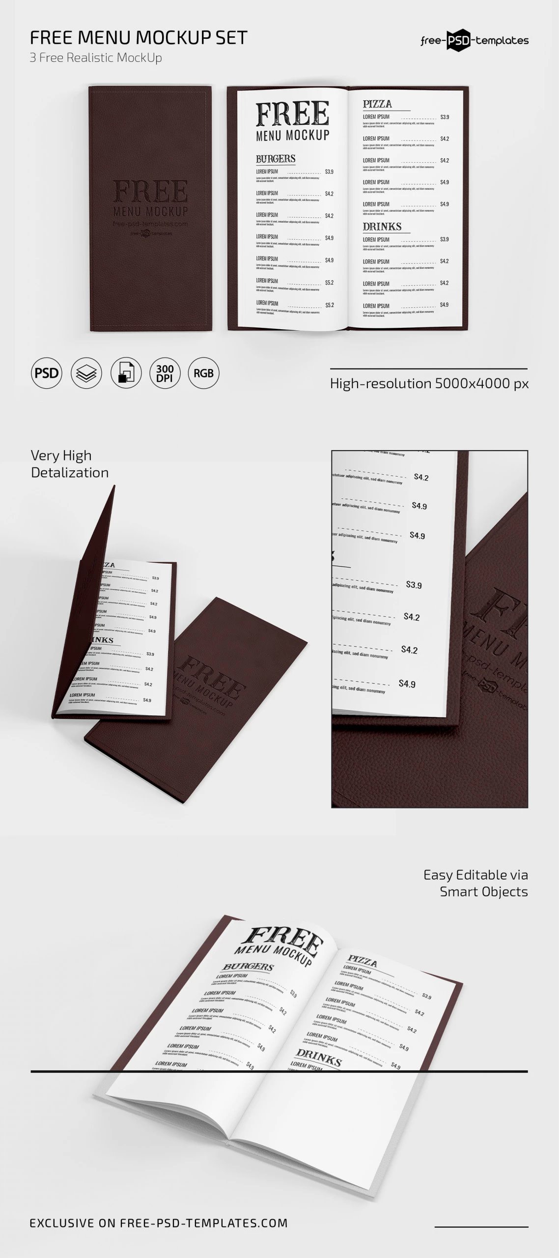 3 Showcases of Menu Mockup with Leather Cover FREE PSD
