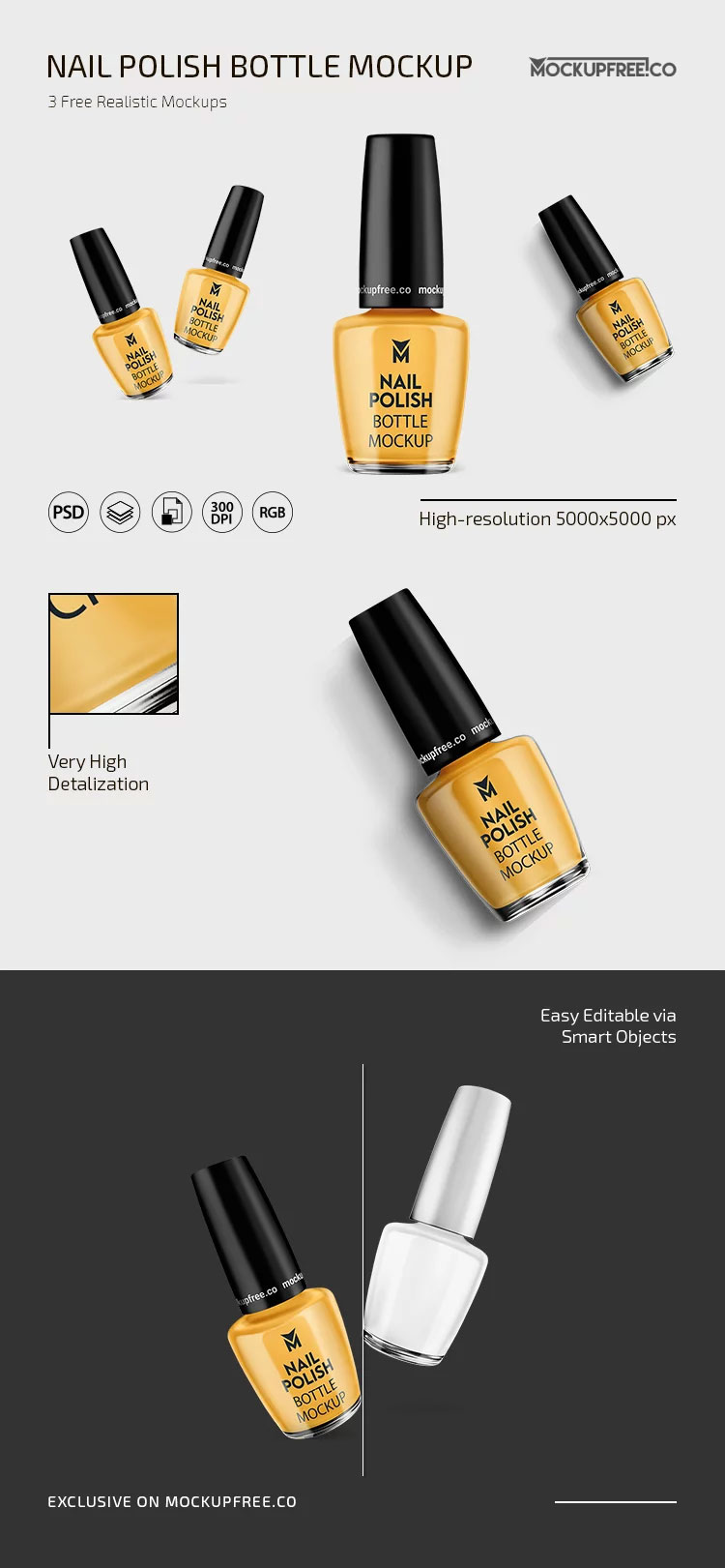Free 3 Showcases of Nail Polish Bottle Mockup PSD Template
