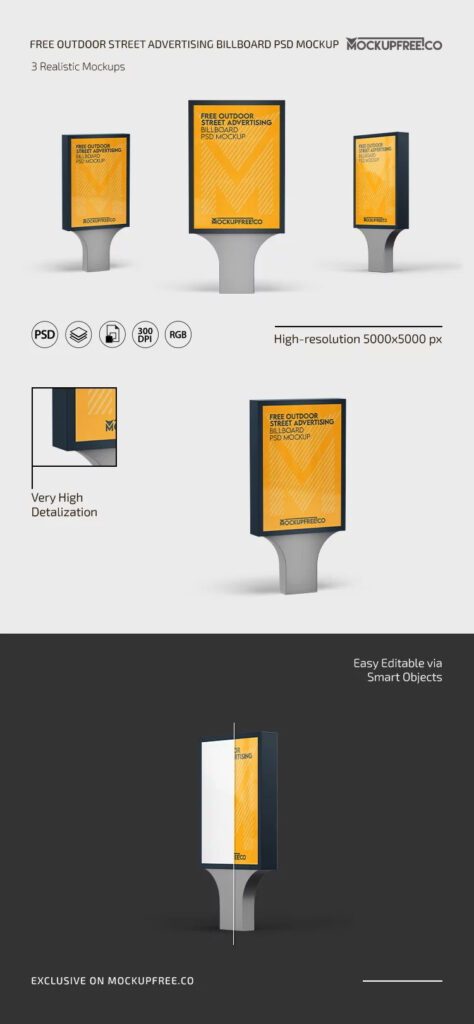 3 Showcases of Outdoor Street Advertising Billboard Mockup