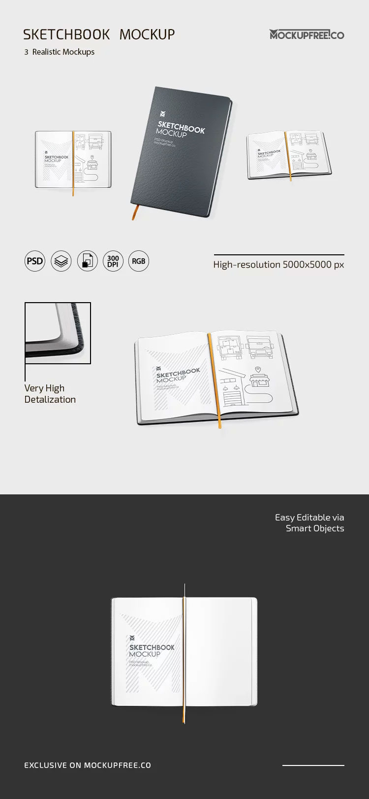 Free 3 Showcases of Sketchbook Mockup PSD Template
