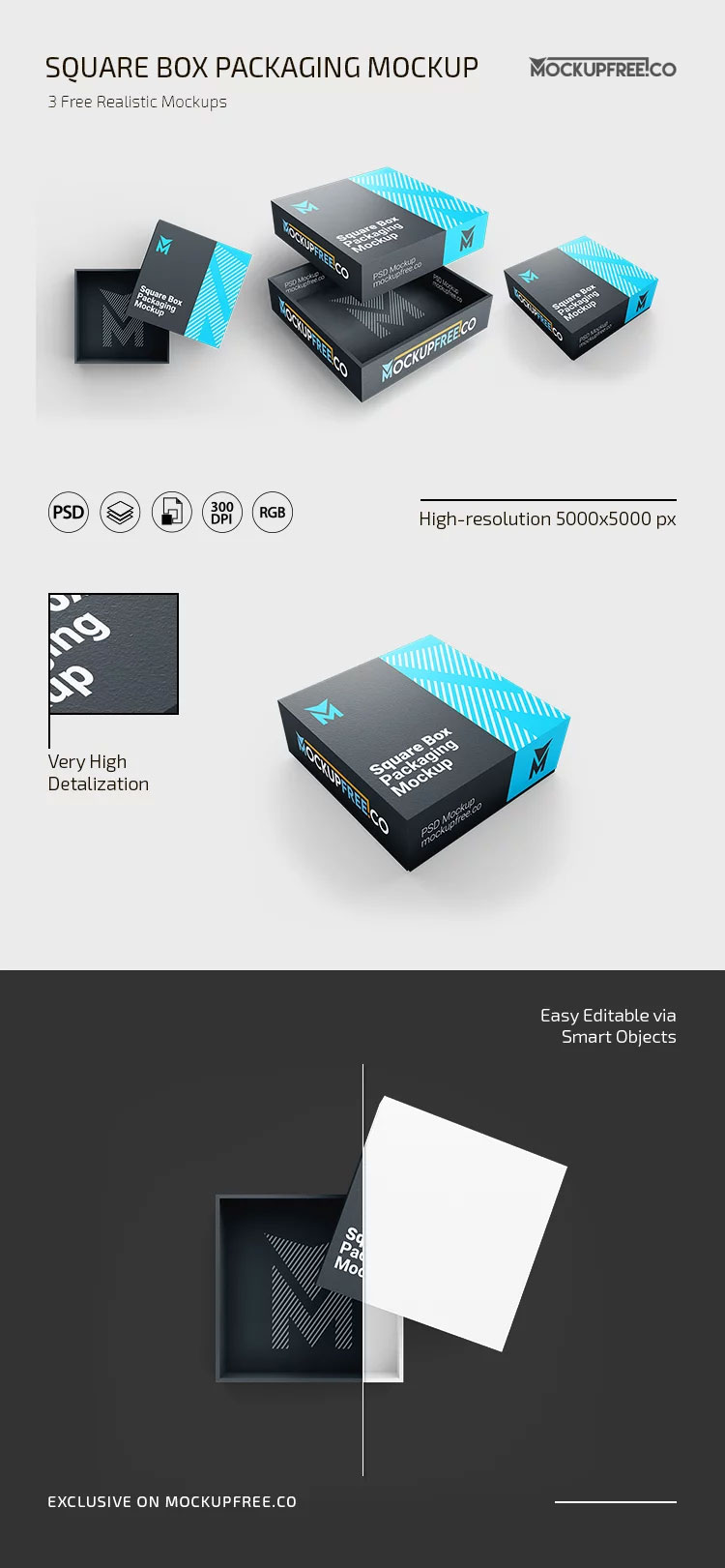 Free 3 Showcases of Square Box Packaging Mockup PSD Template