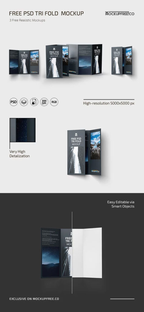 3 Showcases of Tri Fold Brochure Mockup
