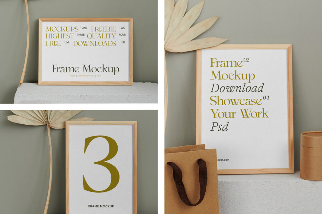 3 Showcases of Wood Frame Mockup on Brick
