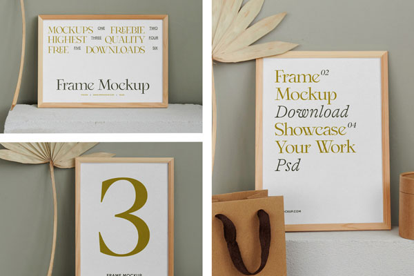 3 Showcases of Wood Frame Mockup on Brick