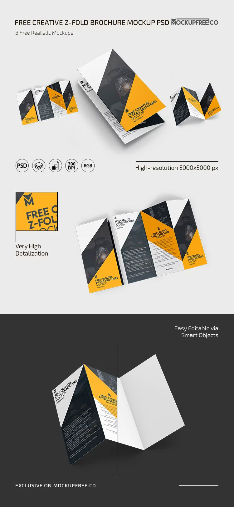 Free 3 Showcases of Z Fold Brochure Mockup PSD Template