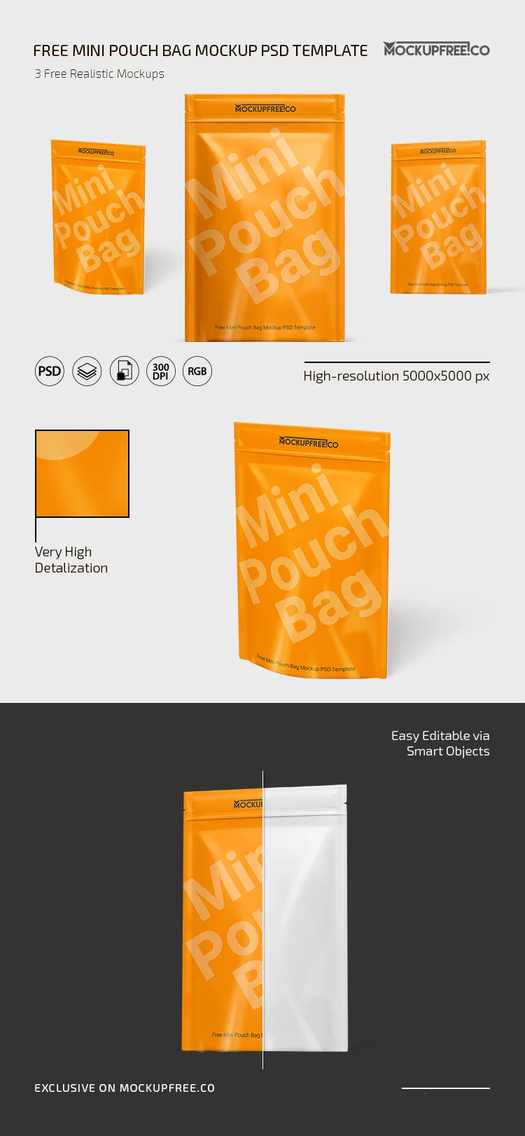 Free 3 Sight of Mini Pouch Bag Mockup PSD Template