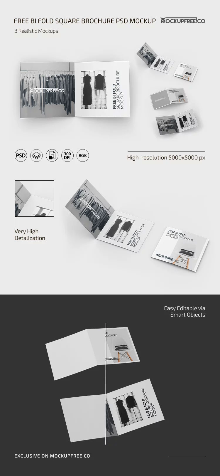 Free 3 Sights of Bi Fold Square Brochure Mockup PSD Template