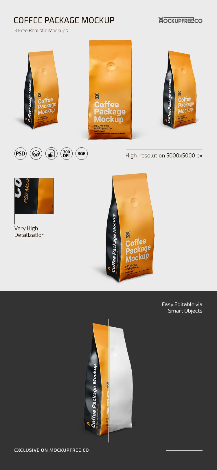 Free 3 Sights of Coffee Package Mockup PSD Template