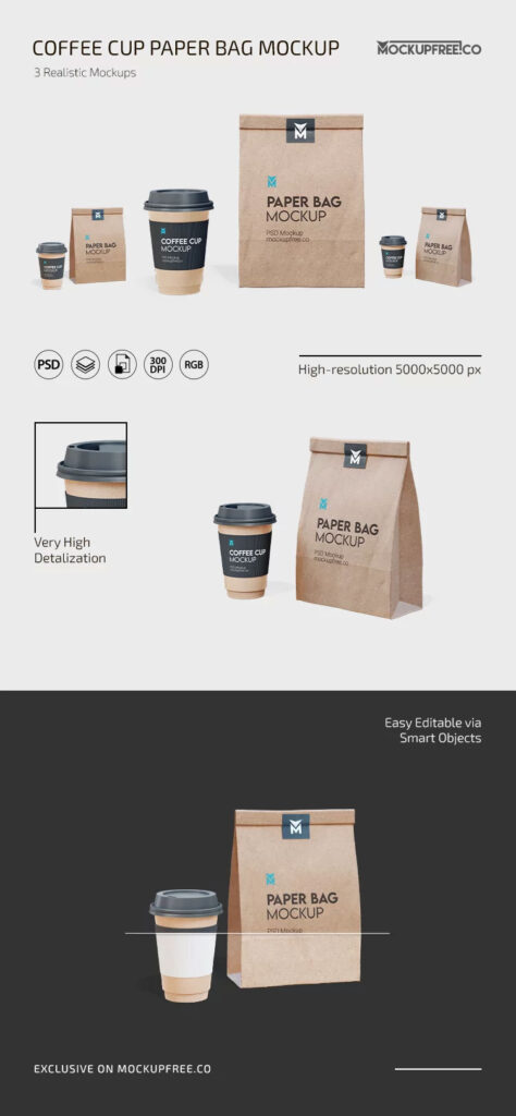 3 Sights of Coffee Paper Bag Mockup with Cup