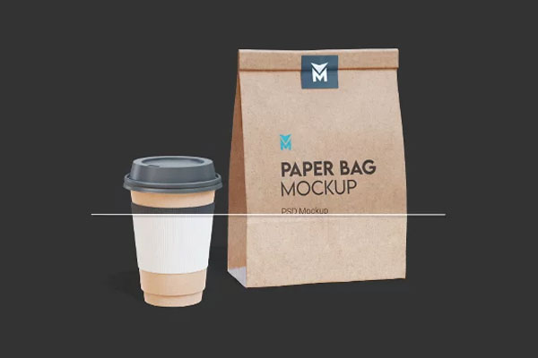 3 Sights of Coffee Paper Bag Mockup with Cup