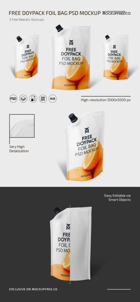 3 Sights of Doypack Foil Bag Mockup with Cap