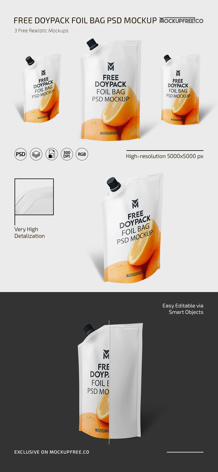 Free 3 Sights of Doypack Foil Bag Mockup with Cap PSD Template